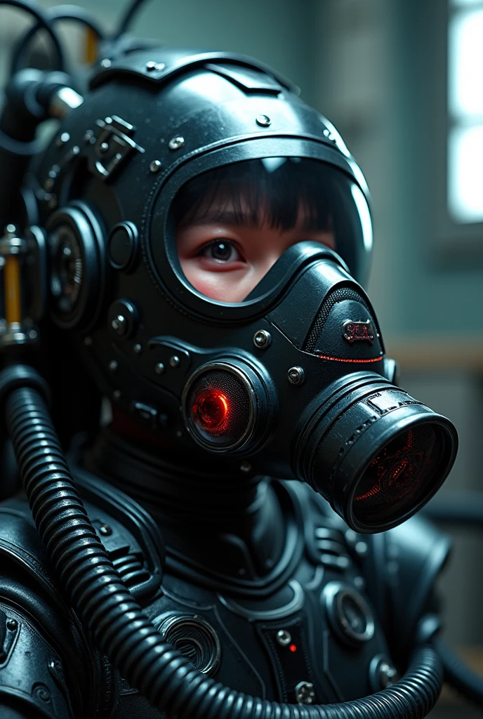 NFSW, photorealistic, ultrarealistic, very beautiful Japanese, famous japanese idol, 2, Mix of Japanese and Russian, His body is immobilized by a precision machine., latex bdsm, vulgar, Painful expressions, dramatic scene, masterpiece, pretty eyes, (Extremely intricate with extremely complex futuristic cyberpunk mecha armor full body black latex with full face gas mask with neon sign:1.5), (The hose connected to the mask is connected to a vacuum pump for super powerful suction.), (His body is sucked in and eventually deflated..:1.5), (surprising expressions