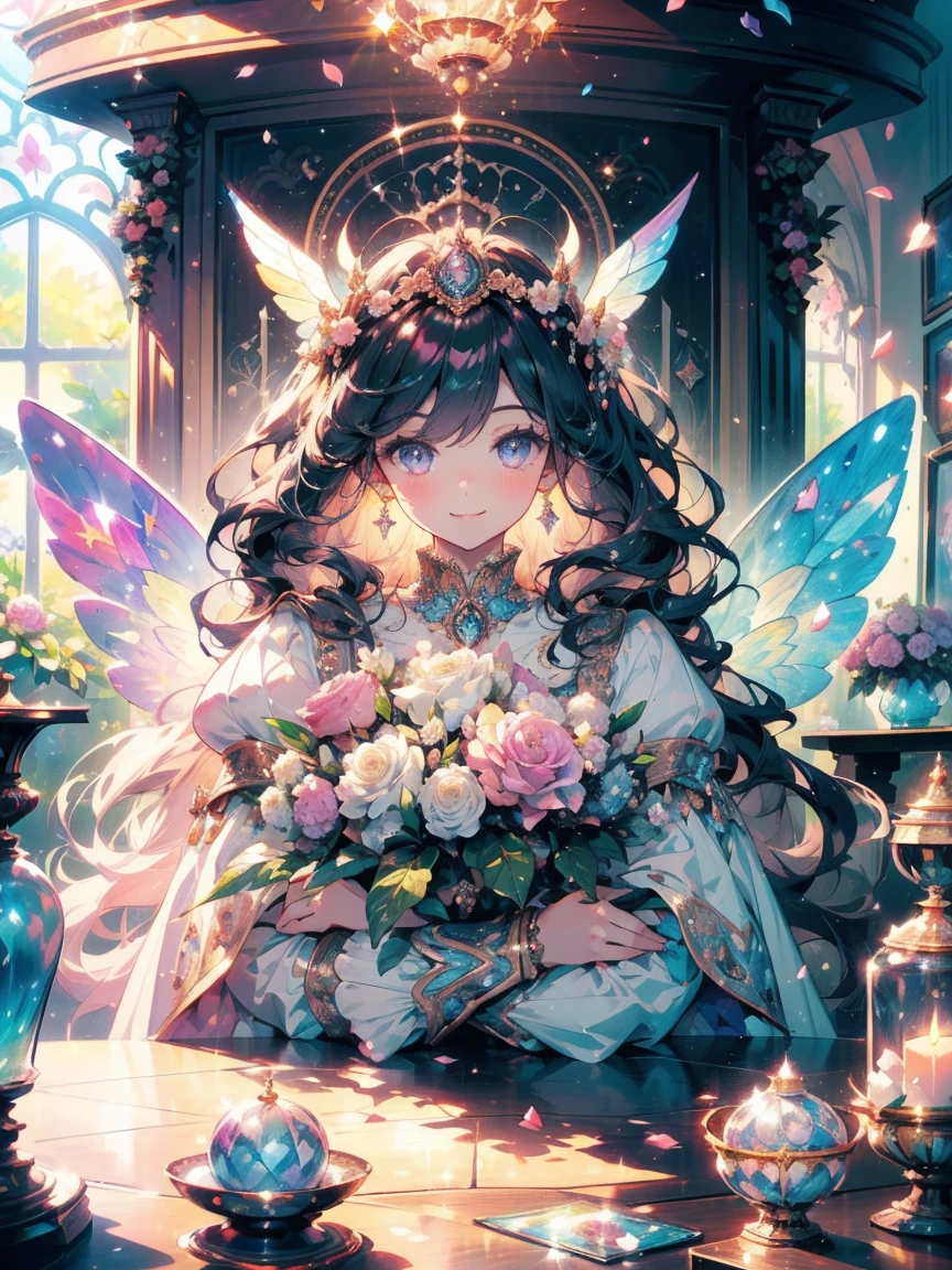 (masterpiece,best quality, Very detailed, beautiful, Beautifully, 16K, Full HD), (Sunlight,Sunlight,Flower petals flying,Garden),((Smile,Happy:1.5)),((Ruffles, Rhinestones and flowers,Sparkling Fluffy Multi-Layered Ball Gown)), Lots of flowers,Floral Decoration,((rose surround)),((Butterfly wings)),((Long white hair,Purple Eyes))(best quality, Detailed background, high resolution, ridiculous, bloom, disheveled hair, shiny hair, exposed to light, High and cold, Focused and meticulous gaze),Holy girl,Hair blowing in the wind, Fluffy hair),(White skin,Lavender-colored eyes, Long eyelashes, big eyes,Pale pink cheeks, Pointed ears),Dazzling light, Warm lighting, (Pastel colors,On the table, Art Station, Fantasy Art:1.2),