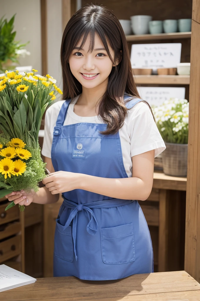 front、Highest quality, Ultra-high resolution, (Realistic), RAW Photos,(Depth of written boundary:1.5), (Upper body photo)、A neat and clean Japanese woman、beautiful girl、20-year-old、smile、Natural Skin、Long Hair、A florist clerk wearing a blue apron and squatting