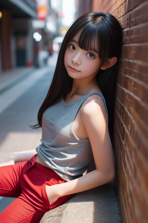 Gaze, High resolution, masterpiece, Highest quality, High detail, Textured skin, Long Hair, Blushing, Red eyes, Drooling, Tank top、Tight red pants、Angle from below、Open your mouth