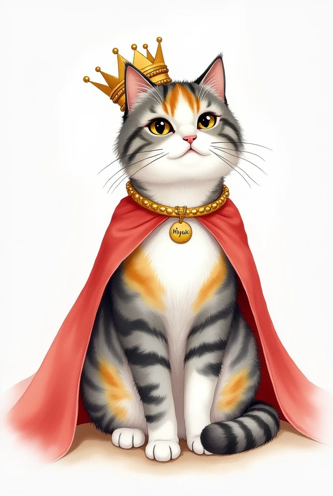 Watercolor painting of a royal tricolor striped cat in white, gray, yellow and black colors dressed as a queen, With a crown and a red cape, the cat has a round spot in front of the neck, striped gray and black, near the collar, one paw is spotted gray and yellow and the other is white, and her body is in profile but facing forward, with a gold collar that says "miyuki"