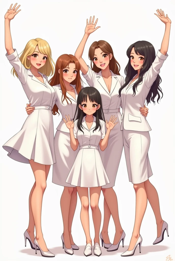 Make me a 2D drawing of five women in their 20s waving, the first one with shoulder length blonde hair with dark brown eyes, the second long wavy brown hair and dark brown eyes, the third shoulder length wavy brown hair with light brown eyes, The fourth one is shorter than the previous ones with light brown eyes and a little bigger., long brown straight hair; the last one with wavy black hair, Dark brown eyes and white skin all dressed in formal white
