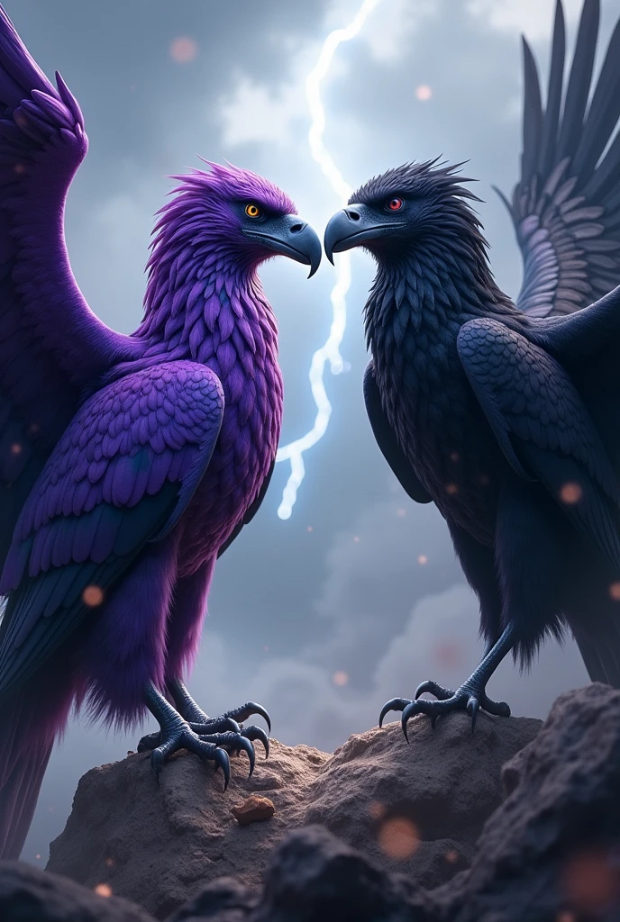 A purple eagle and a black vulture facing each other 