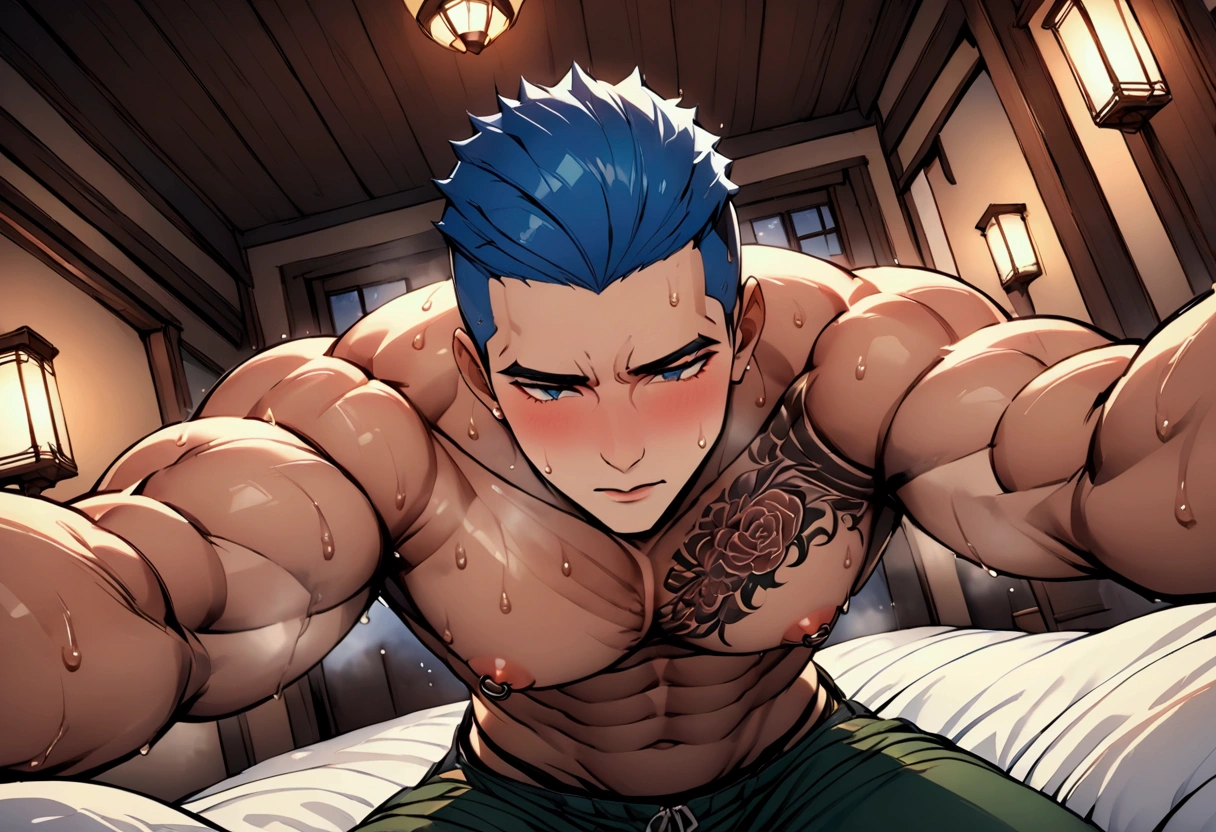 Highest quality、masterpiece、(muscular male:1.2)、(father:0.5)、Shaved head、Blue Hair、(sweat:1.3)、steam、nipple piercing 、tattoo on chest、tattoo on leg、clothes lift、Green Half Pants、night、On the bed at the inn、kiss、pov shot