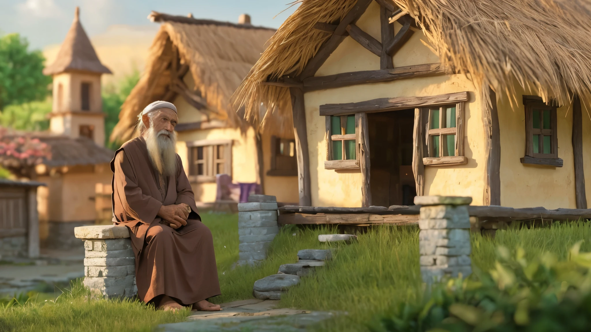 "A wise old man sitting peacefully outside a simple village house, with a serene village backdrop." Hyper realestic ultra HD 