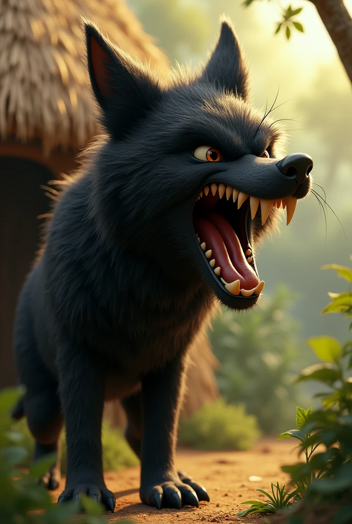 pixar style, cinematic, sideview of a 3D cute but extremely angry black furry wolf, with realistic black fur, 3D illustration, screaming with anger, looking at the wooden door of a straw house, (1male wolf:1.2), (sinister and angry expression:1.5), dangerously angry, dark behaviour, lean build, (disproportionate body long nose and mouth), (realistic fur texture), (jungle background:1.4), sunlight filtering through the trees, (soft lighting:1.3), (green and earthy color scheme:1.3), (highly detailed), (ultra quality:1.3), (masterpiece), (digital art), 8K resolution, HDR, depth of field, (soft shadows), (photorealistic:1.3), (animation:1.2), (by Greg Rutkowski:0.9), (in the style of Alphonse Mucha), trending on ArtStation, award-winning art