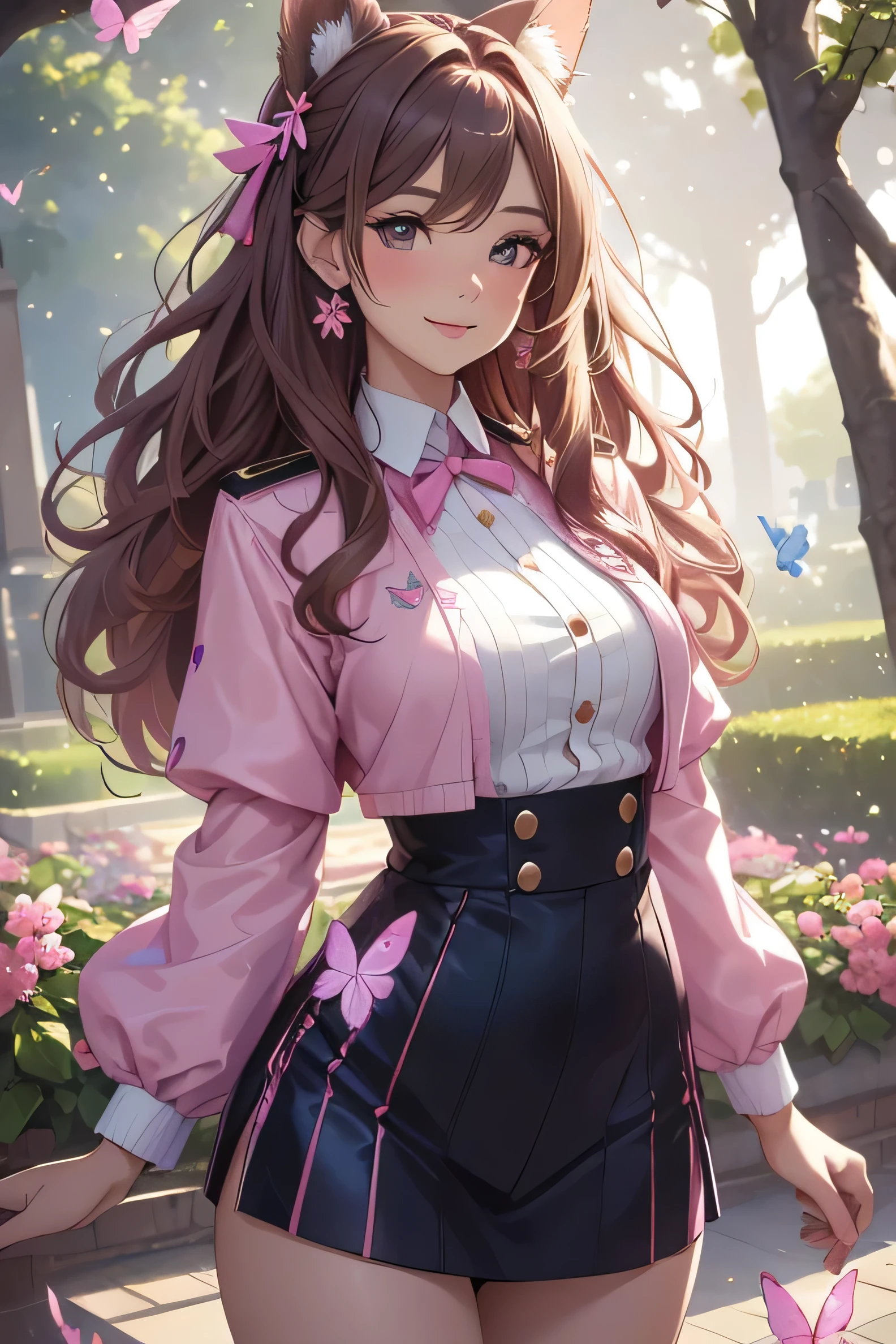 (best quality,4k,8k,highres,masterpiece:1.2),ultra-detailed,(realistic,photorealistic,photo-realistic:1.37),acrylic painting,beautiful Brazilian model in a uniform outfit with downy hair,beautiful Brazilian model with extremely colorful brown hair and detailed facial features,beautiful Brazilian model standing in a beautiful garden sakura flowers, long hair,cat ears, hair bows, uniform pink and blue outfits, smile, happy face,light brown hair,butterflies, brown eyes, mature woman, older woman, 30 year old, adult woman. Older lady