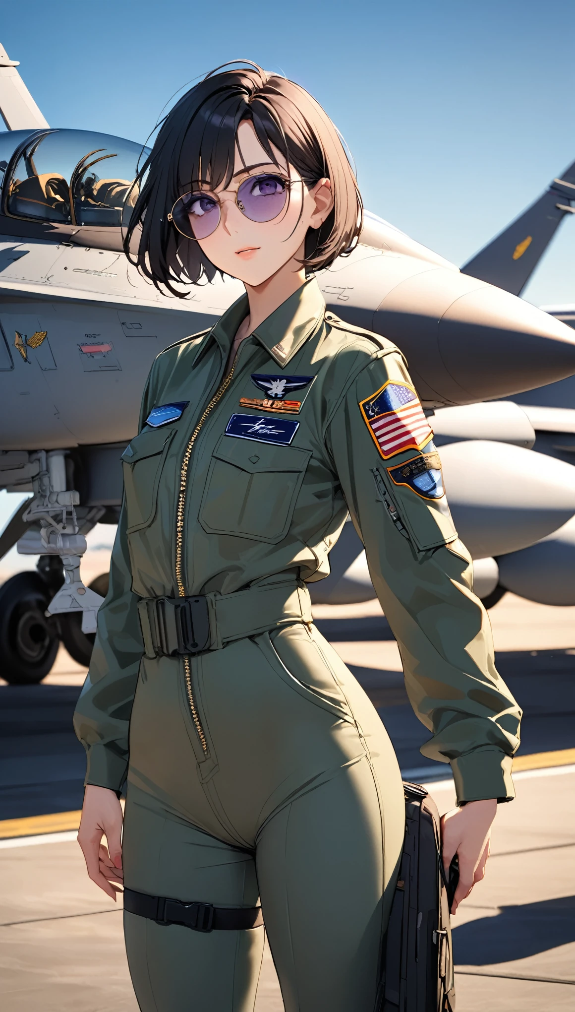 whole body, Highest quality、Best image quality、masterpiece、独奏, a girl、Adult sexy woman、Beautiful Eyes、black hair, purple eyes、Short bob cut、(sideburns), middle part, (flat chest)、slender、Tight waist、Round Glasses、Beautiful Face、movie「Top Gun」Dressed like Pete Mitchell from (US Air Force military suit), Wearing sunglasses, Aviator Model (Ray-Ban RB3025), Natural light, F-18 military air force base background aircraft.