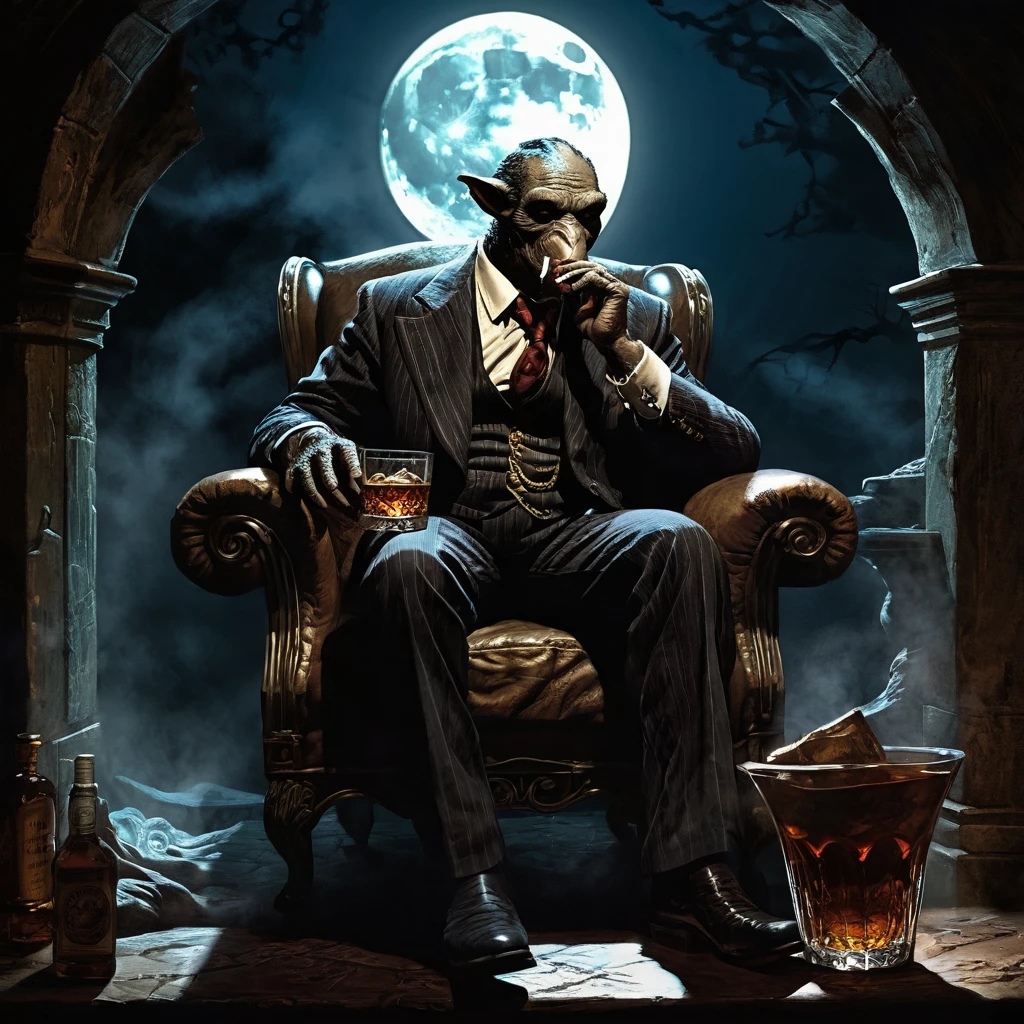 In the shadowy nook of a forsaken chamber, the weird creature lounges, cradling a whiskey tumbler in one hand, and a cigar in the other. His huge shadow is oppressive, and under the shadow of moon beams, the creature ensnares it's victims.