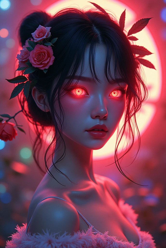 (masterpiece, best quality), alluring, sexual, japanese woman, solo, masterpiece, artstation, dynamic, charming, magical, unreal engine, fantastically beautiful, illustration, dramatic lighting, rave background, neon glow, maximalist, ahri, nsfw, huge breasts, style of Oskar Kokoschka:1.2),(abstract expressionism art:1.2),girl,plants,love,rose for eyes,bright color theme,colorful,visually stunning,beautiful,gorgeous,emotional,intricate,perferct shading