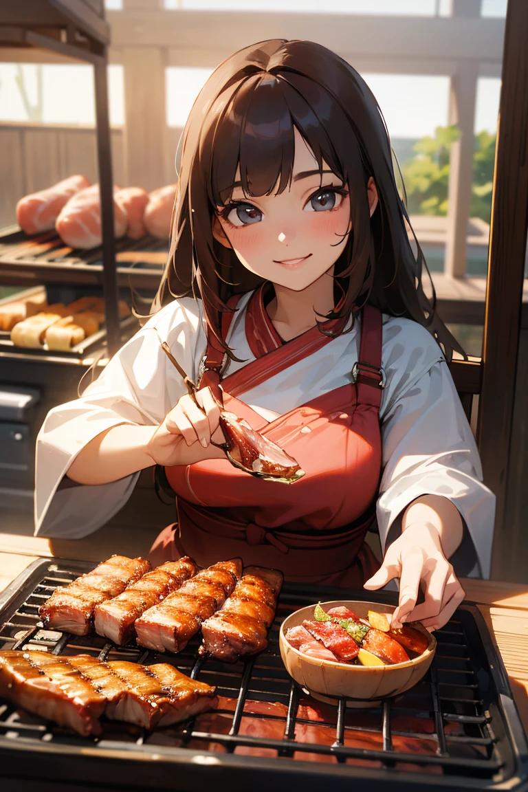 Realistic、Highest quality、Highest Resolution、Highest quality、8K、1人のBeautiful woman、Beautiful woman、Beautiful woman、seems to be happy、smile、smile、Grilled meat、barbecue、Grilling meat、eating meat、Grilled meat、looks delicious、