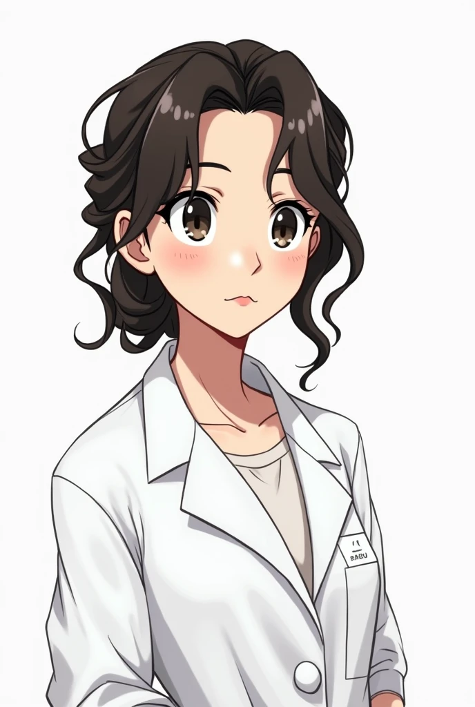 A brunette girl with wavy hair all tied up, Latina without bangs, a little chubby, not much, and wearing a lab coat, smiling and in black and white, asking a question. Anime version