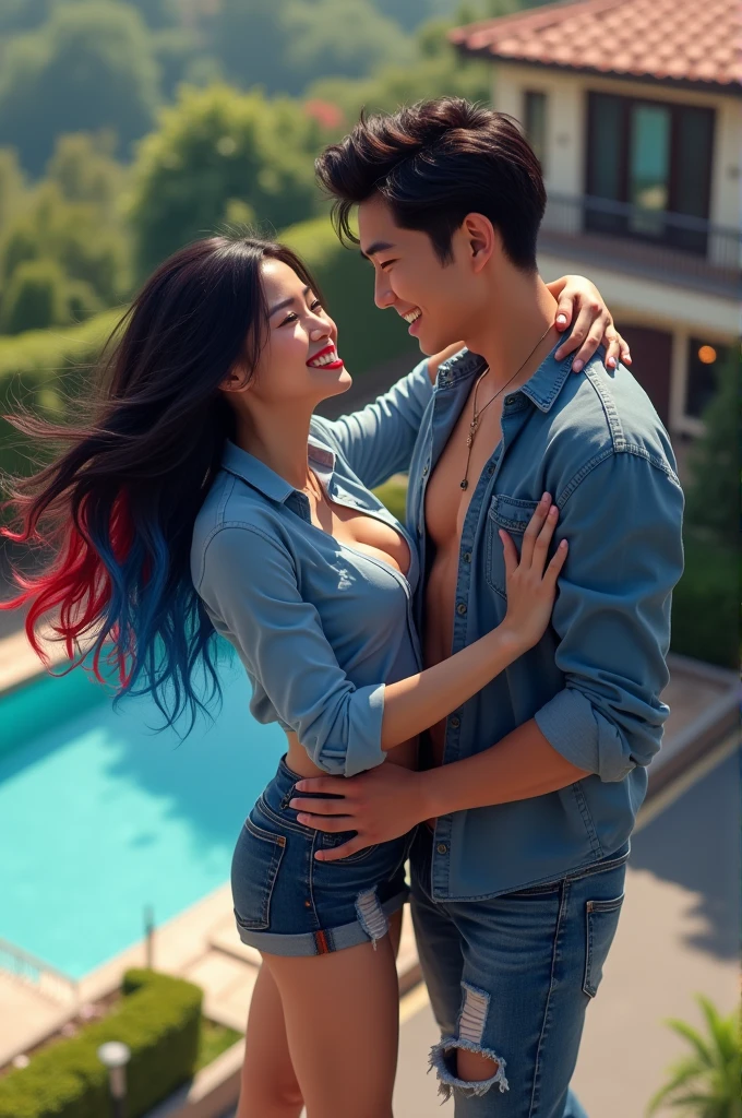 a very beautiful woman with long black hair with red and blue highlights wearing a blue shirt, Mini year, laughing putting his hand into ripped jeans of a handsome Asian man, above the road luxury home swimming pool. Looking viewer