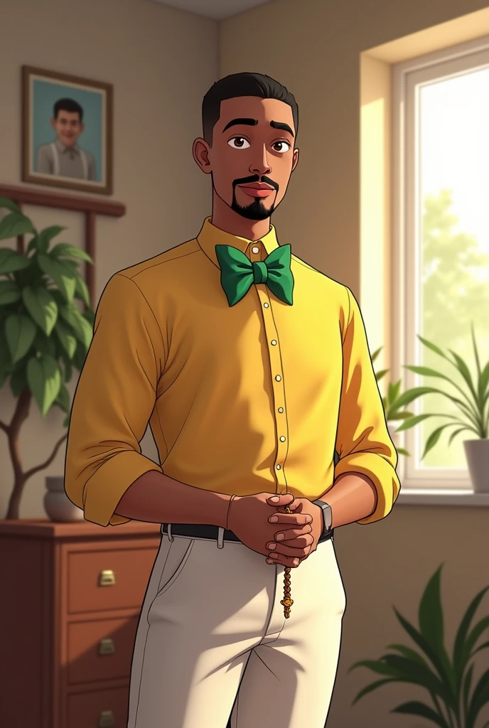 Professor Petterson is a young teacherstands in his simple room, wearing his signature yellow dress shirt, now paired with a green bow tie. His white pants are neatly pressed, and he holds a rosary gently in his hands. His short black hair is closely cropped, and his goatee, along with a prominent mustache, adds character to his face. The overall look is clean and polished, with the green tie adding a touch of flair to his usual attire. The room is bathed in warm afternoon light, highlighting the simplicity and calmness of the scene.