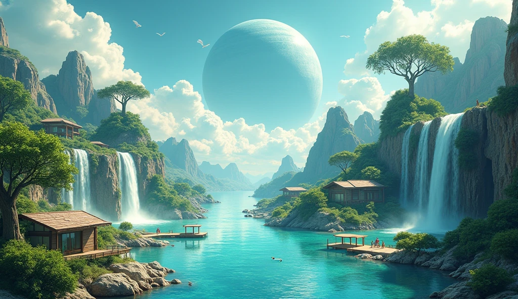 Isometric perspective view. Immerse yourself in a paradise world, enlightened and rich, where the purity of the air and the cleanliness of the environment create an atmosphere of unparalleled serenity. A large nearby planet adorns the crystal-clear sky, complementing the natural beauty of the landscape. Majestic waterfalls flow constantly, serving as the heart of this paradise. The inhabitants of this world, beings similar to humans but more beautiful, tall and elegant in their walk, They live in perfect harmony with nature. Their homes are perfectly integrated into the natural environment, merging with the flora and fauna that surrounds them. the sun shines brightly, making the waters sparkle with an almost magical glow. The temperature is ideal, further beautifying the air, while the inhabitants of this place enjoy an eternal and happy existence. The film presents an intricate and harmonious landscape, R Style. h. Giger, Captured in a hyper-realistic high-resolution image at 8K. every detail, from artifacts to natural elements, It is highly defined and focused, revealing the perfection of this alien paradise. The cinematography uses a superior wide-angle lens with the maximum possible aperture., allowing every aspect of the scene to be captured with stunning clarity and depth. The lighting is carefully designed in a professional film studio, ensuring that every corner of the stage shines with an ethereal light that enhances the beauty and peace of this world.. "Eternal Harmony" It is a visual journey to an alien paradise, a place where the perfection of nature and the harmony of its inhabitants create a world that seems to be out of time. This idyllic setting invites us to reflect on the beauty of a life lived in harmony with the environment., A reminder of what can be achieved when technology and nature coexist in perfect unity..