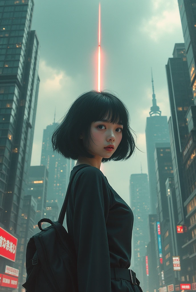 High school girl catches missile、Black Hair、Bobcut、Beautiful Face、Real、metropolis、Cloudy