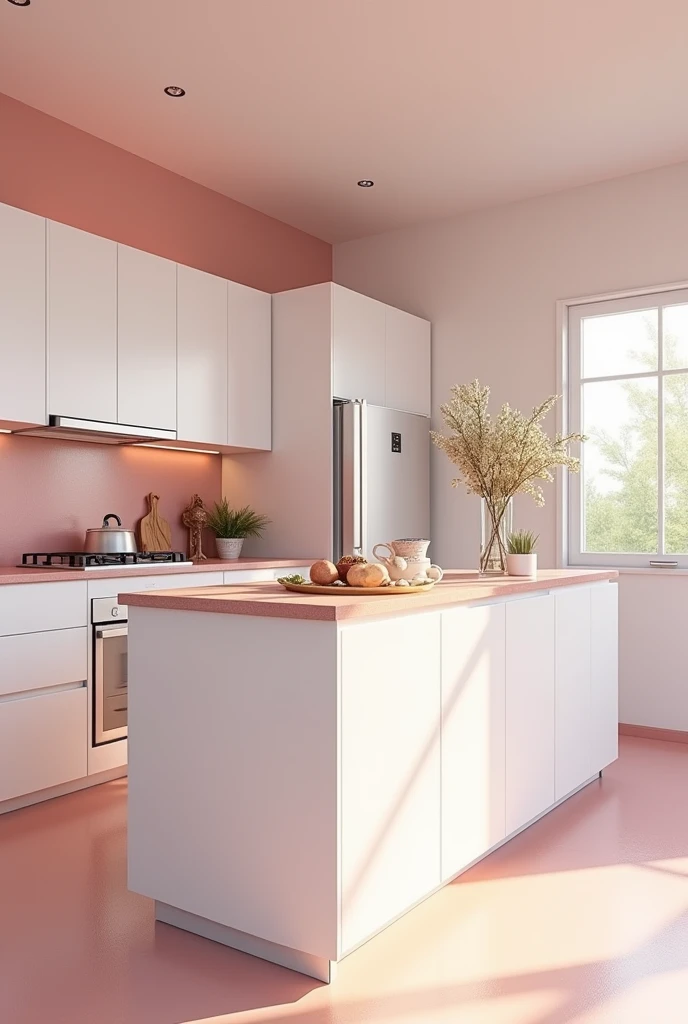 My ideal kitchen is white and pink . It has elegant white cabinets and pink countertops. The kitchen has a large bar in the center where the family gathers. Includes built-in oven and dishwasher. The refrigerator is spacious and matches the colors. The kitchen also has a lot of lighting