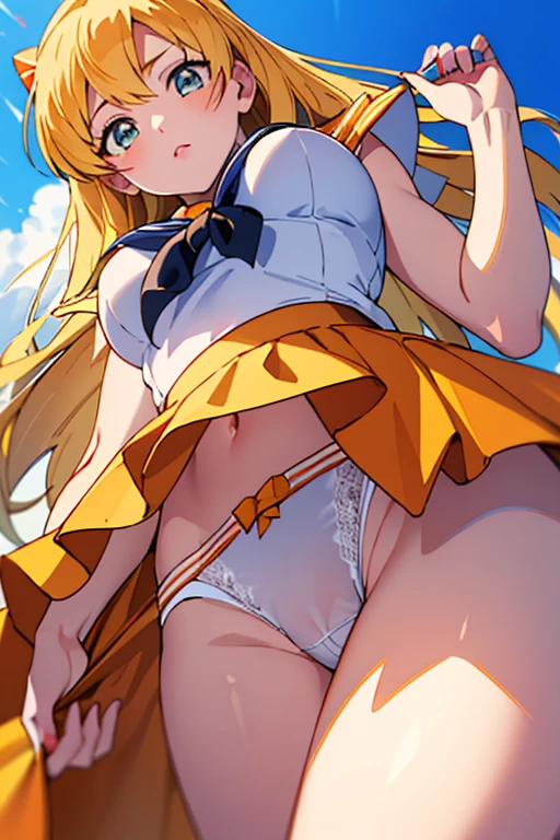 ((Best Quality)), ((masterpiece)), (Very detailed), 1 girl,((sailor venus art)), mini skirt, white panties,looking at the viewer,((Whole body)),((view from below))