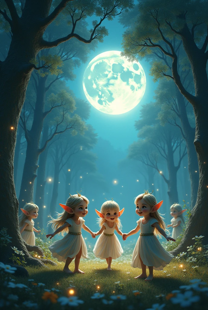 Magical elves celebrating under the moon 
