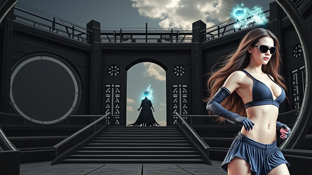 A young futuristic female sorcerer with a glowing floating small crystal stone, releasing mysterial spell and magical power, facing and defeating dark forces and beings. She stands with her right hand raised forward with a blue fire of light, at night, (1girl, solo, alone), photorealistic, large-breast slim:0.6 body, oval:0.5 face, cleavage:1.1, very low angle view of pleated miniskirt, deep-v, (upskirt), glove, (Matrix style black micro sunglasses), dynamic running pose, (half-body thigh level close-up shot), cinematic lighting, ray tracing, motion blur background.