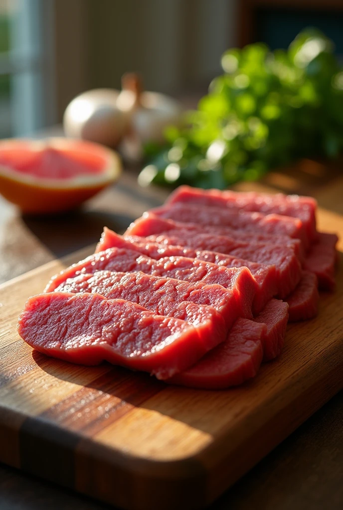 In a vibrant, sunlit kitchen,
succulent slices of beef medium rare with a tantalizing sheen, captured
with a Canon EOS R5 paired with a 50mm
f/1.2 lens at ISO 200, shutter speed 1/125s;
contrast beautifully against a rustic
wooden cutting board, while soft shadows
dance around the edges, inviting viewers to
savor the mouthwatering texture and flavor,
making it an irresistible centerpiece for any
restaurant advertisement