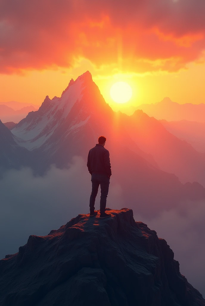 A man standing on a mountain and behind the man sun is raising .man head is down an without no bag