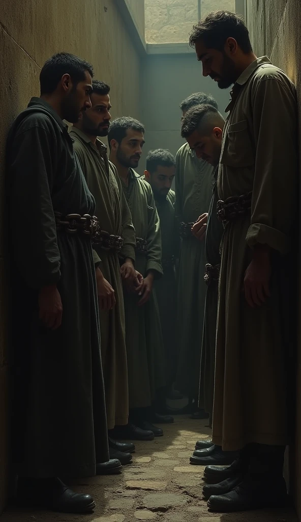 Captive European Prisoners: A dark, moody scene inside a Moroccan prison with European captives shackled to walls, the dim light casting shadows on their exhausted faces.