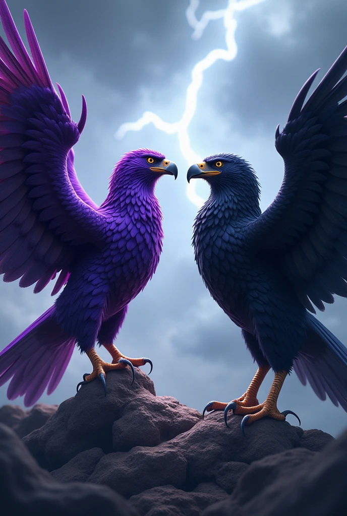 A purple eagle and a black vulture facing each other