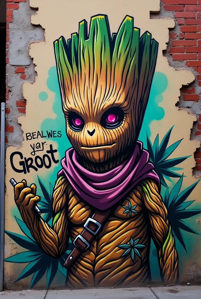 Graffiti writing Groot on a broken wall with exposed bricks and cannabis leaves and signed groot with an evil face, dressed as a bandit with Juliet and smoking marijuana

