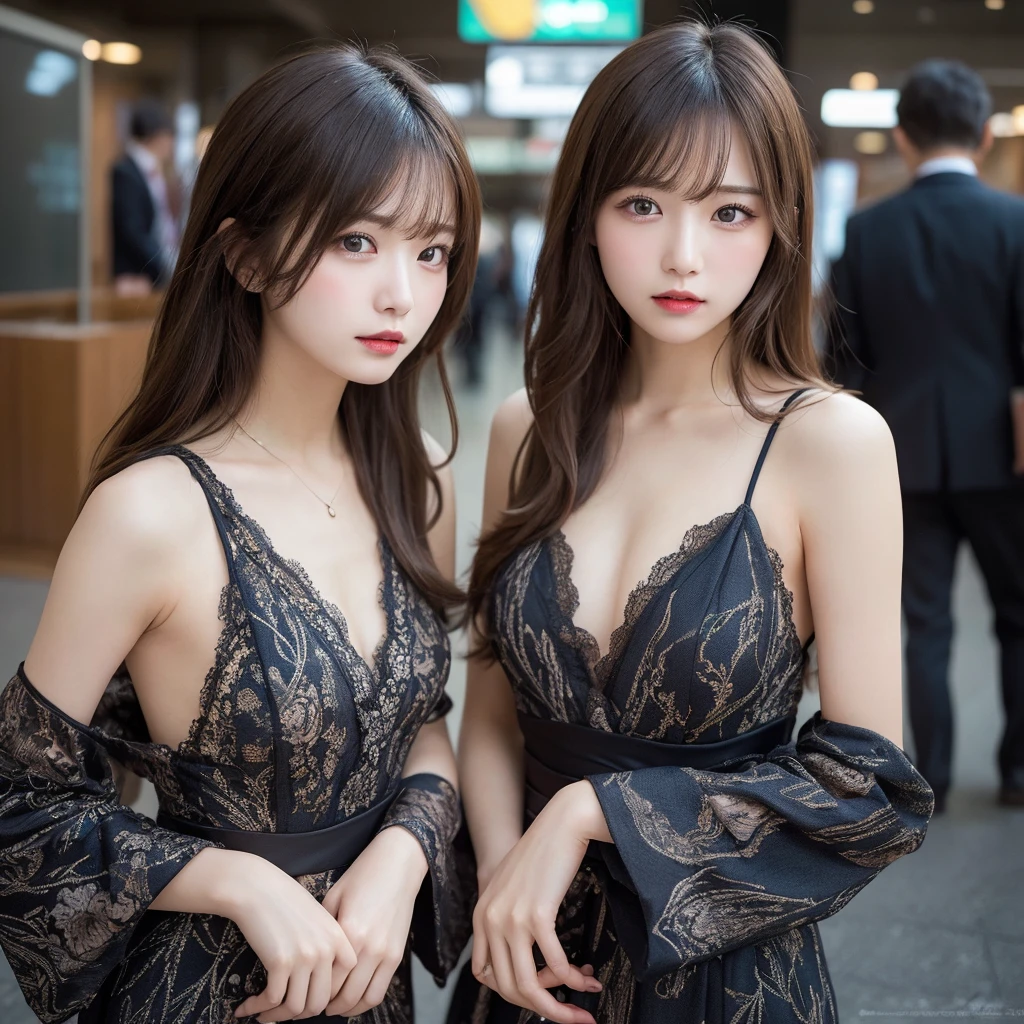 Idendical twins,Tabletop, Highest quality, figure, Super detailed, In detail, High resolution, 8k wallpaper, Perfect dynamic composition, Beautiful attention to detail, Dress with open chest,Hair is tied, small , Natural color lip, Random sexy poses,Tokyo Station,Long Hair, 