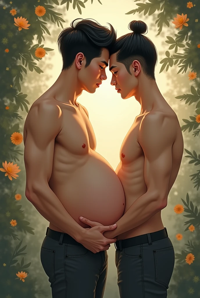 Asian gay couple two men, skinny gay pregnant omega guy