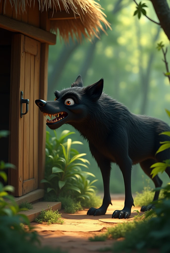 pixar style, animation, sideview of a 3D cute but extremely angry black furry wolf, with realistic black fur, 3D illustration, screaming with anger, looking at the wooden door of a straw house, (1male wolf:1.2), (sinister and angry expression:1.5), dangerously angry, dark behaviour, lean build, (disproportionate body long nose and mouth), (realistic fur texture), (jungle background:1.4), sunlight filtering through the trees, (soft lighting:1.3), (green and earthy color scheme:1.3), (highly detailed), (ultra quality:1.3), (masterpiece), (digital art), 8K resolution, HDR, depth of field, (soft shadows), (photorealistic:1.3), (animation:1.2), (by Greg Rutkowski:0.9), (in the style of Alphonse Mucha), trending on ArtStation, award-winning art