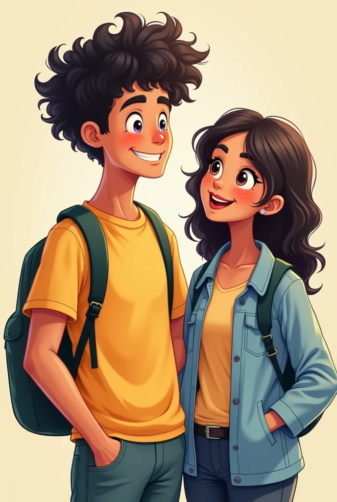 Two young people around , a man and a woman, the man being taller and with very curly hair, both dressed in clothes, and the woman with straight hair. that the whitest male is Latino and the woman is dark-skinned, that the man is without a beard, like in cartoons