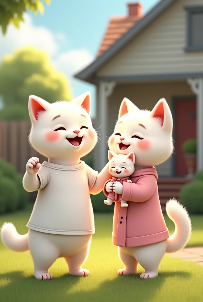"Two anthropomorphic white cats standing in front of a suburban house. One cat is wearing a casual white t-shirt and smiling with a waving hand, while the other cat is holding a smaller kitten and wearing a pink pajama set. The background shows a cozy neighborhood with a classic American-style house and a well-maintained lawn."