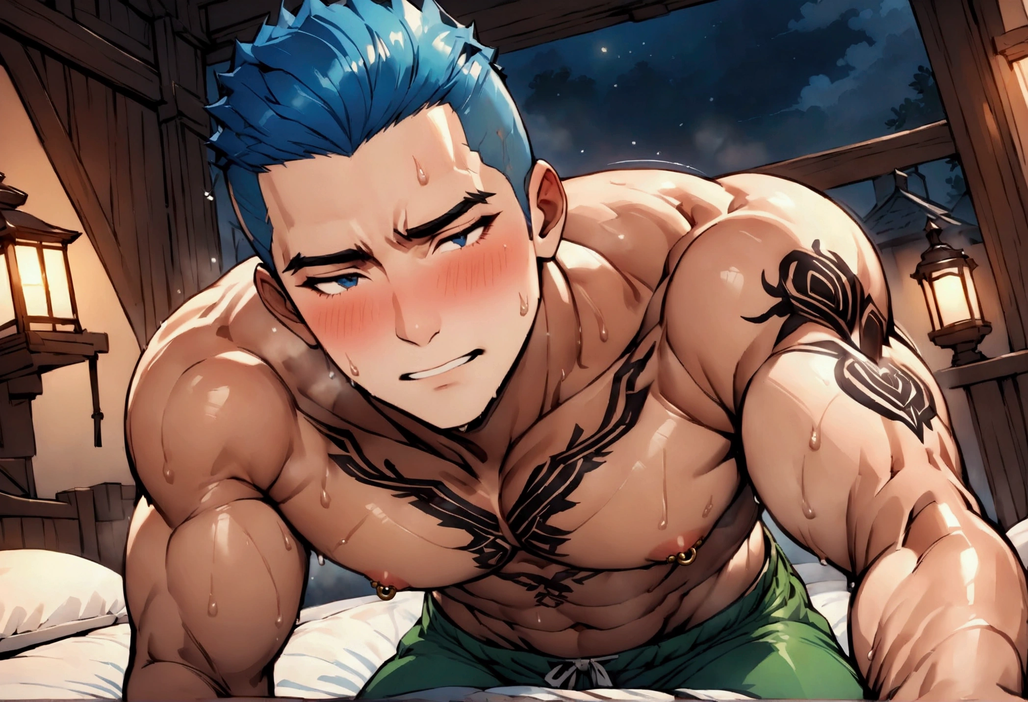 Highest quality、masterpiece、(muscular male:1.2)、(father:0.5)、Shaved head、Blue Hair、(sweat:1.3)、steam、nipple piercing 、tattoo on chest、tattoo on leg、Embarrassed face、topless、The lower half is green shorts、night、On the bed at the inn、kiss、pov shot