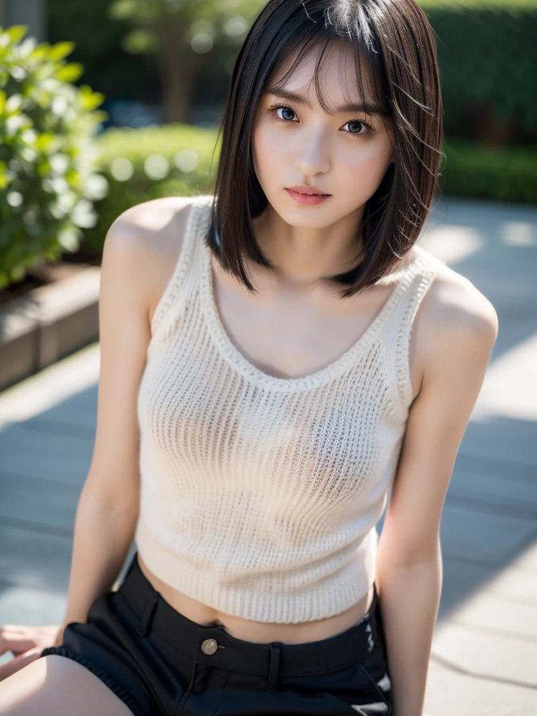 2 female, long hair, RAW photo, bokeh (realism: 1.4, realistic), high detail CG unified 8K wallpaper, 1girl, ((slim body: 1)), (natural big breast), back to viewer, ((direct view from the front)), (HQ skin: 1.4), 8k uhd, dslr, soft light, high quality, film grain, Fujifilm XT3, ((knit tank top, black short pants)), ((outdoor, at park))), portrait,((Layered medium Haircut, black hire)), (looking at viewer:1.4), (((aerial shot, photo up to the knee))), (((standing))),((height 165cm))