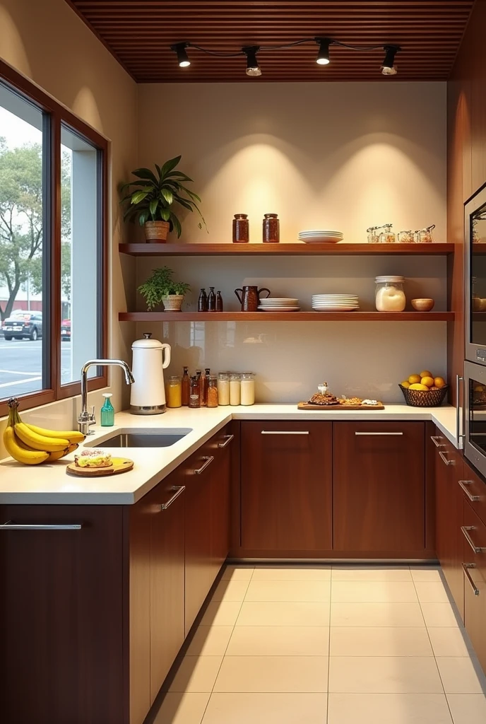 crear una imagen de una kitchen pequeña con medidas especificas para un local de venta de chocobananas, that has a freezer, kitchen, meson, pans, wash dishes and furniture, Let there be no people
