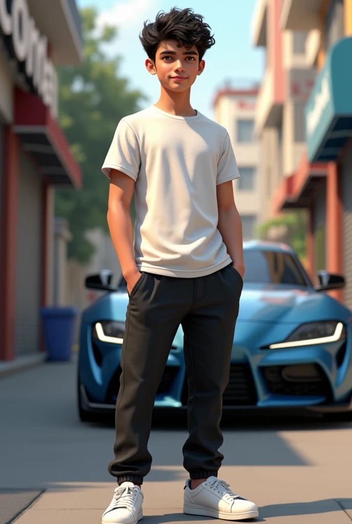 15 air boy in black pent and white shoes and white t-shirt bagrwuond rahul name ka  and car supra 