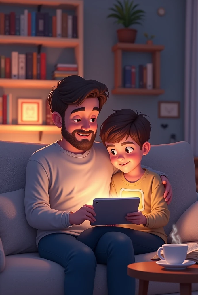 A father in his 40s, with brown hair and a kind smile, He is sitting on the couch next to his son.. They both stare at the screen of a tablet, his fingers interacting with her. the boy, with bright eyes, seems immersed in the content, while the father watches attentively, ready to answer any questions.
On a nearby side table sits a steaming cup of coffee and an open book.. In the background, A shelf full of books and board games suggests a familiar and stimulating atmosphere. colors: white, lila, purple,gray,negro,light pink, dark pink