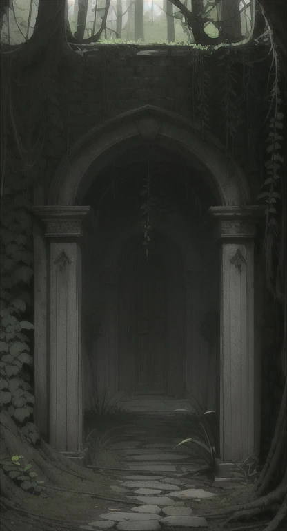 Masterpiece, best quality, overgrown plant life, Ancient, abandoned magic door in the Forest,