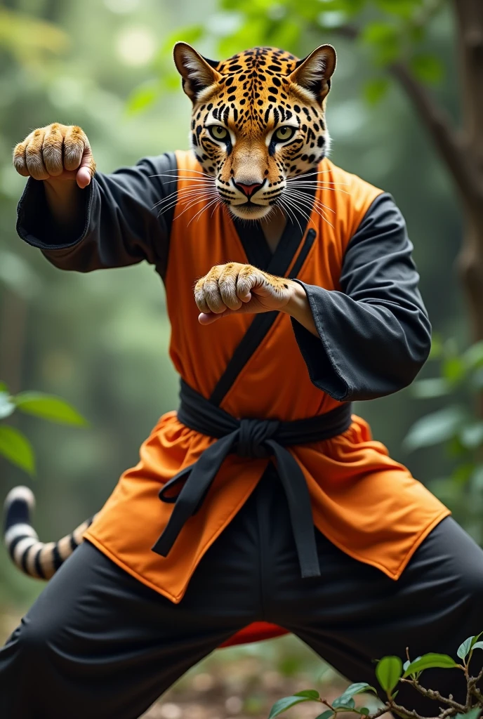 A Indochinese leopard. Wearing a Chinese martial arts uniform, which consists of a sleeveless orange jacket over a long-sleeved black shirt. Doing a kung-fu pose.