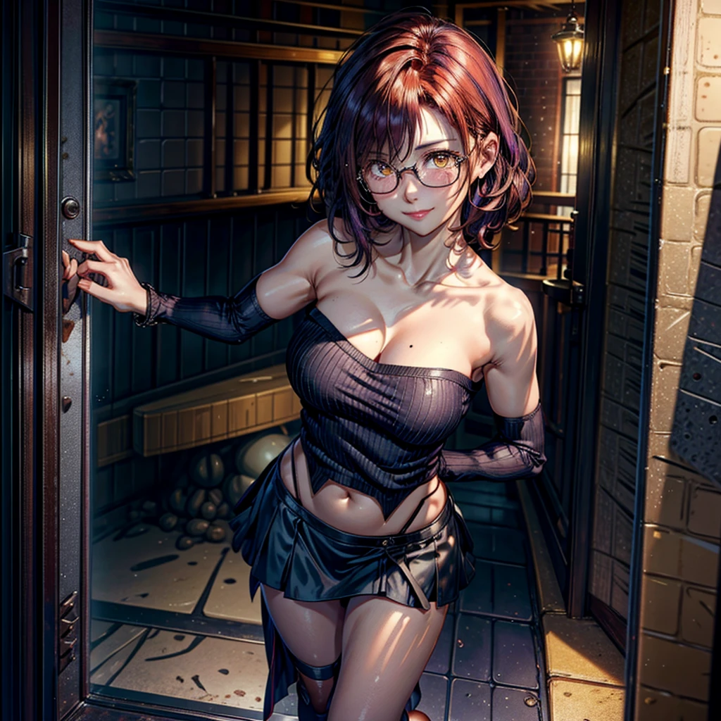 1 woman, short hair, curly hair, (natural redhead), yellow eyes, round glasses, chest a little big, (Purple loose sweater), bare shoulders, (Strapless), smile, smile coqueta, smile picara, full blush, flushed, (Mole on lips), Mole on shoulders, black skirt, Entrance of a house, shine, simple background, standing, throw, from above, High resolution, anatomically correct, Very detailed, textured skin, UHD, high quality, HD Model, (Whole body).