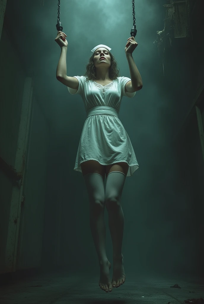 Nurse scene in white thigh high socks , hanged to death by a man ,hovering in the air 