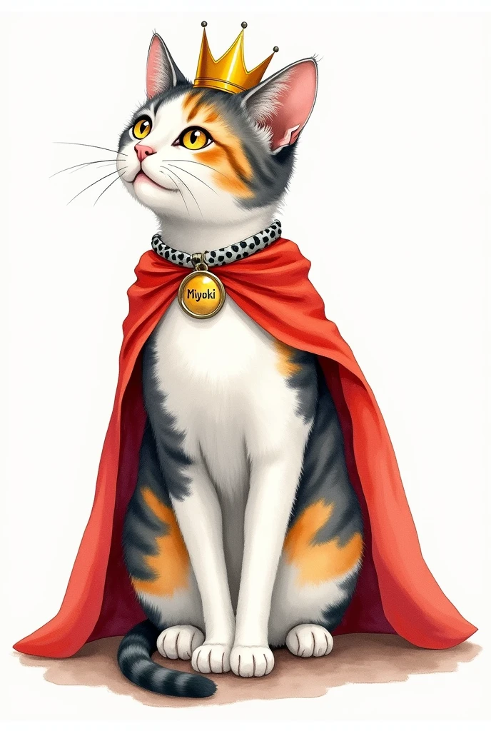 Watercolor painting of a realistic tricolor striped cat in white, gray, yellow and black colors dressed as a queen, With a crown and a red cape, the cat has a round spot in front of the neck, striped gray and black, near the collar, one paw is spotted gray and yellow and the other is white, and her body is in profile but facing forward, with a gold collar that says "miyuki"