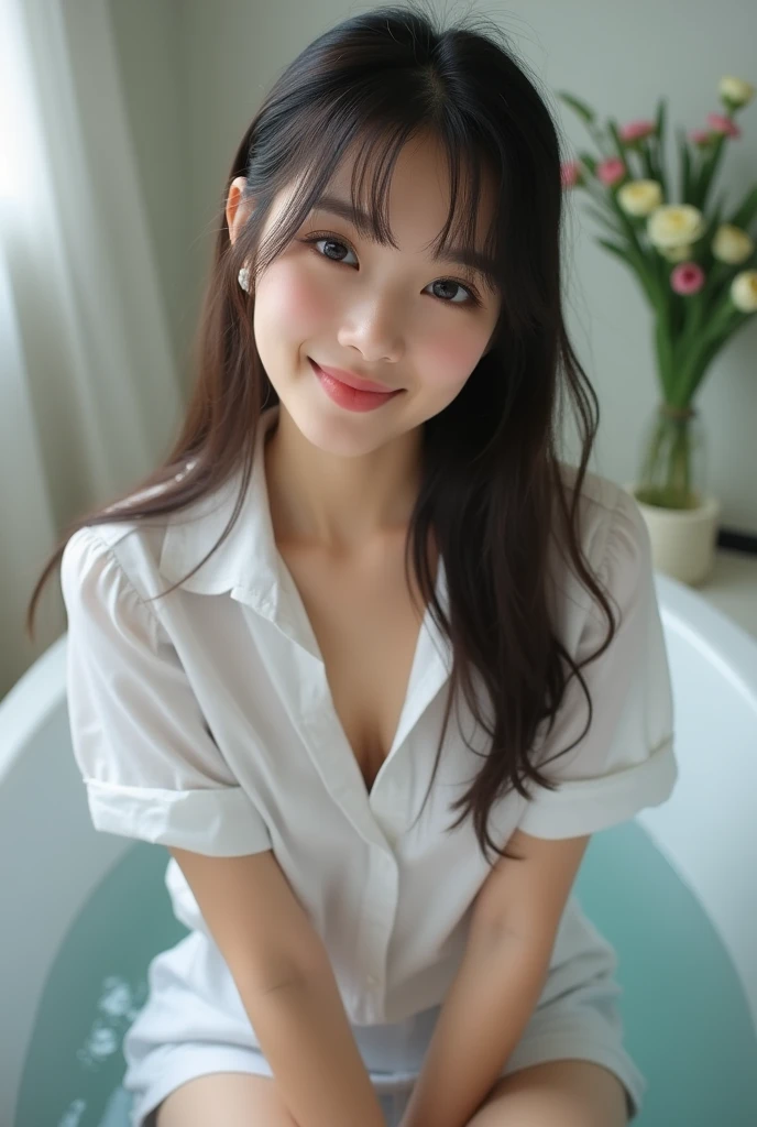 (High school girl in uniform:1.4, , beautiful face:1.5, Triangular Face, sitting in the bathtub, See your viewers, ((hot:1.3, excited:1.1)), shy smile, open the mouth, silky skin, Natural makeup, bright lips, group photo, (sexually suggestive:0.7), (Same school uniform:1.5, white shirt with fully open collar, bare breasts , Place your hands on your chest:1.24), (naked :0.2), (three girls:1, Perfect style, whole body), ((Skinny body)), (Navy Blue Skirt, showing panties), (RAW Photos:1.4),(( legs wide open, Love, shackles:1.2)), (soft light, 16k wallpaper, RAW Photos, Idol), Become familiar, (big breasts, Expensive furniture:1.3, Sheets spread on the floor:1.4, Flowers in a planter)