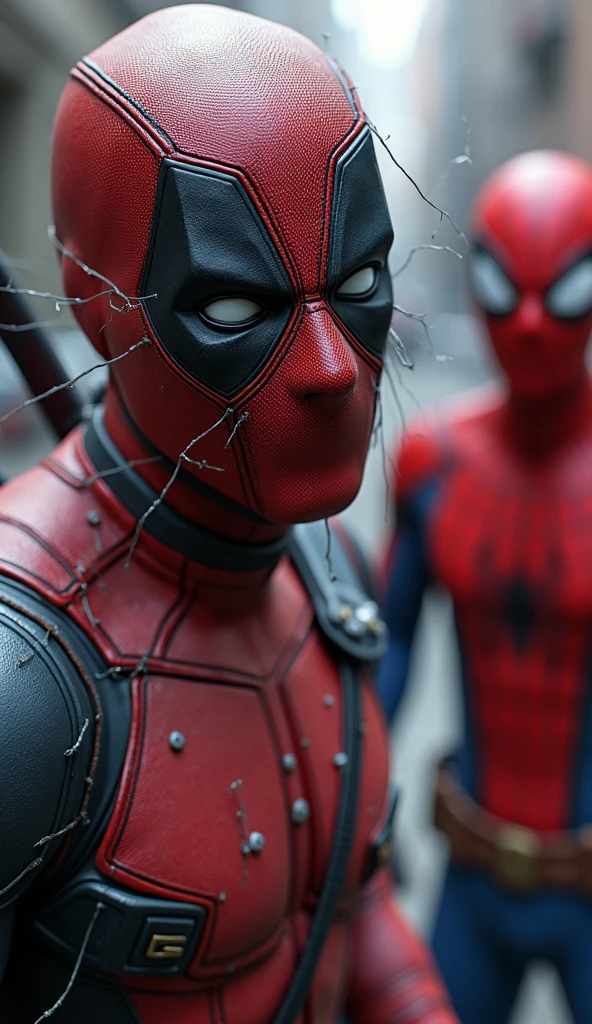 Web Disaster**: A close-up of Deadpool covered in sticky webs with his mask partially stuck to his face, while Spider-Man looks frustrated but trying to suppress a laugh.