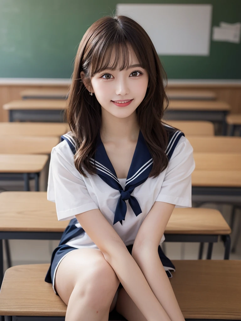 Highest quality, figure, Very detailed, In detail, High resolution, 8k wallpaper, Perfect dynamic composition, Beautiful attention to detail, summer, Sailor suit,Medium Hair, Center of chest, Natural color lip, Random sexy poses,smile, Classroom Background, whole body,Leg spread