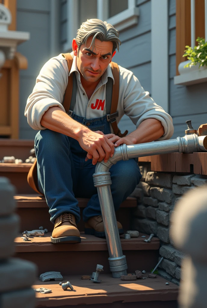 Dr stone on stairs connrooa ee work installing a gutters jm logo on shirt