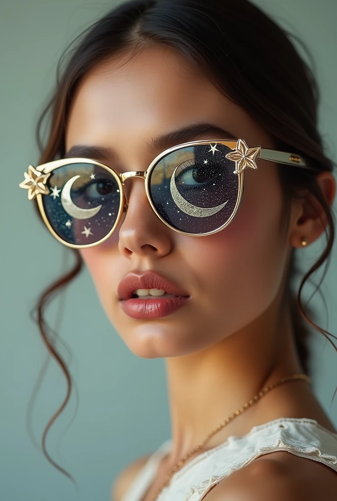 The model is wearing glass sunglasses with stars and the moon on the glass