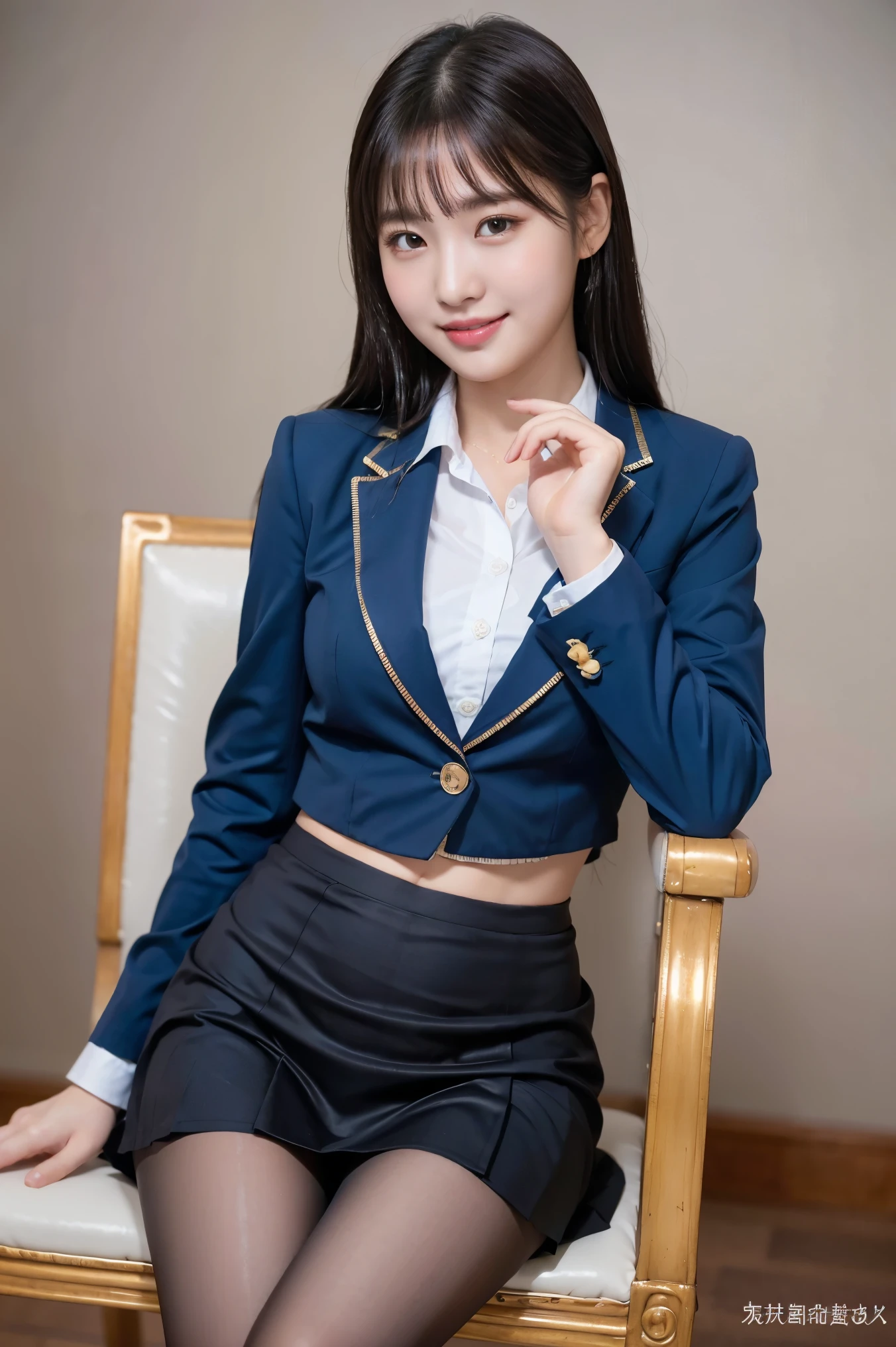 (8k), (highest quality: 1.2), (Realistic), (Realistic: 1.37), Ultra-high resolution, 1 girl, cute, Shiny skin,Blushing,smile, Mouth closed, Beautiful details, Beautiful Nose, whole body, Wet Hair, Giant Dulcefo, pork,Navel exposed,University Student Uniform,A simple blazer,Pleated skirt,Sit on a chair, shiny pantyhose